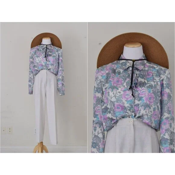 Vintage 70s Floral Paisley Pastel Secretary Blouse / Detachable Bow - Picture 1 of 10